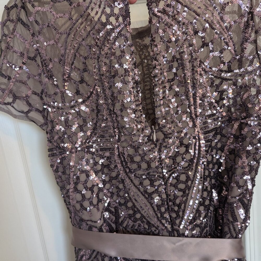 SEQUIN LACE & ILLUSION | Godet A-Line Dress | 12 | WORN 1x | Mauve \ Gatsby 1920 - Picture 6 of 11